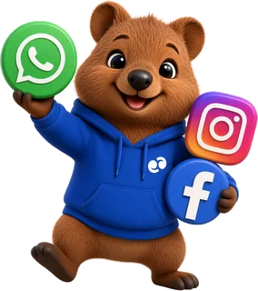Quokka segurando os ícones do WhatsApp, Instagram e Facebook